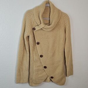 Cozy Tan Knit Sweater with Button Detail | Asymmetrical Cowl Neck Size M